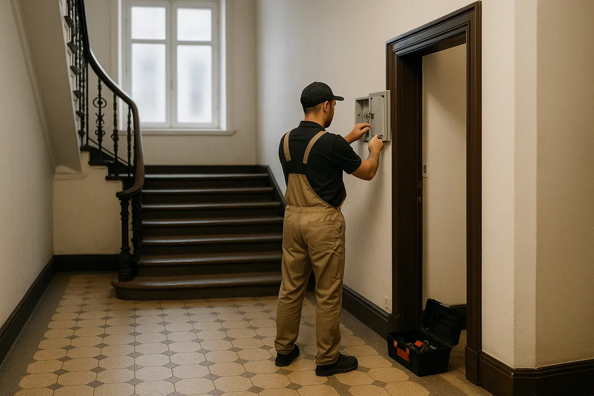 Hausmeister kontrolliert die Elektroverteilung im Treppenhaus