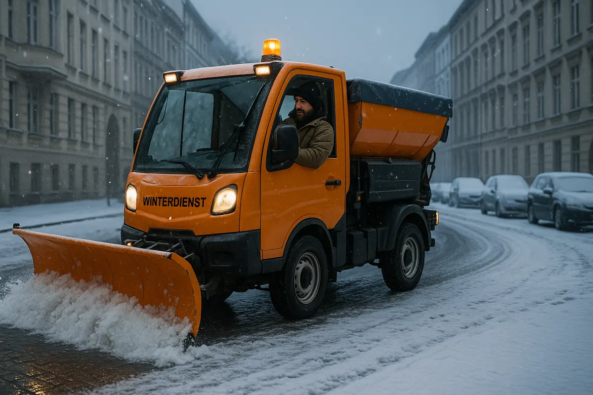 Räumfahrzeug beim Winterdienst auf einer verschneiten Berliner Straße